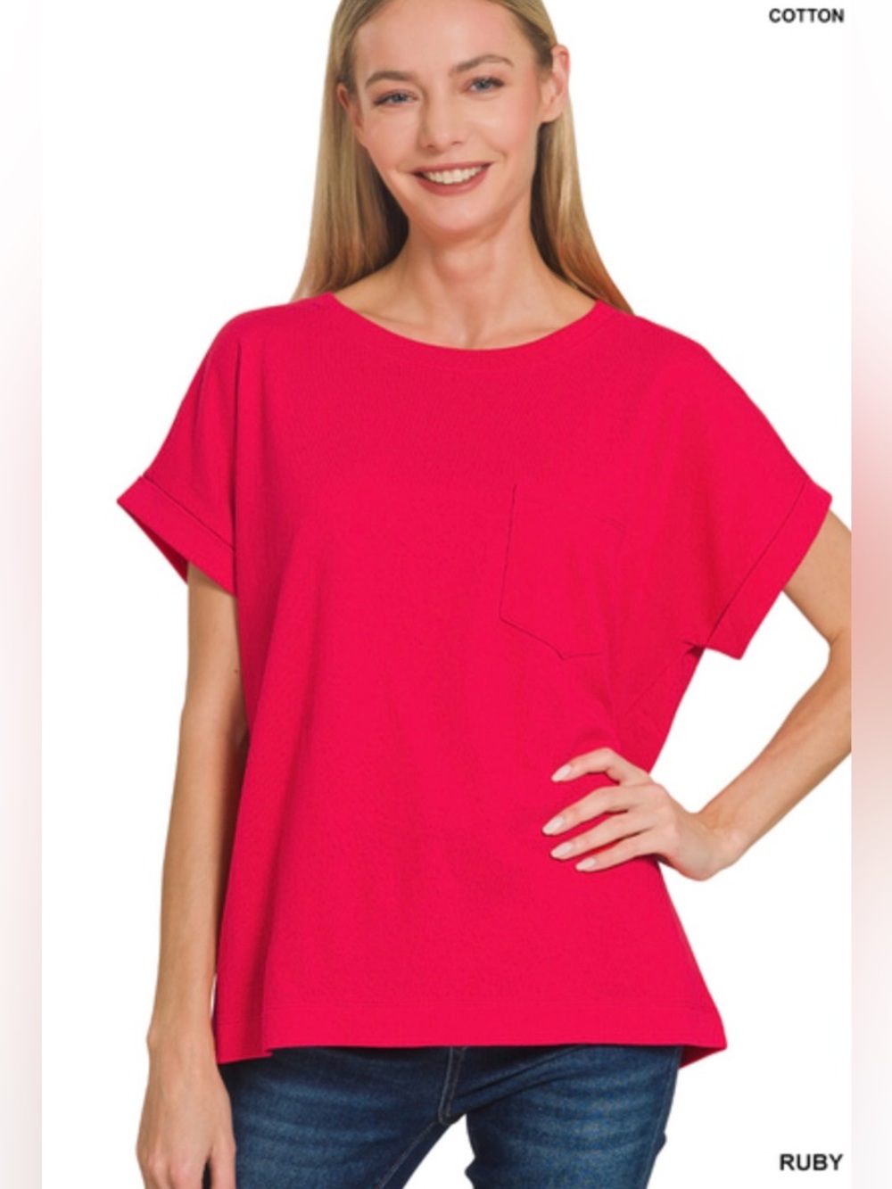 Zenana Ruby Cuffed Front Pocket Short Sleeve Tee